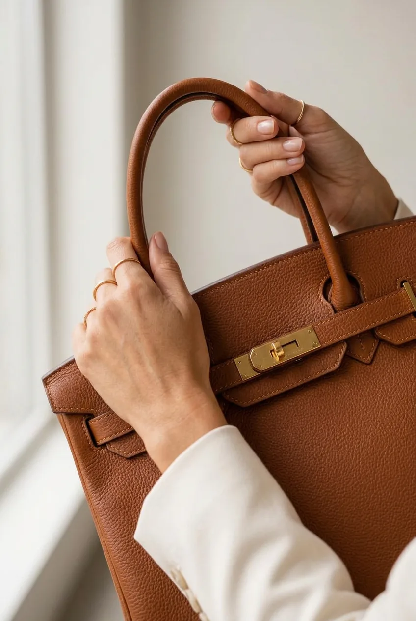 Woman in ivory tailoring holding a cognac full grain leather tote, close on the leather and stitching