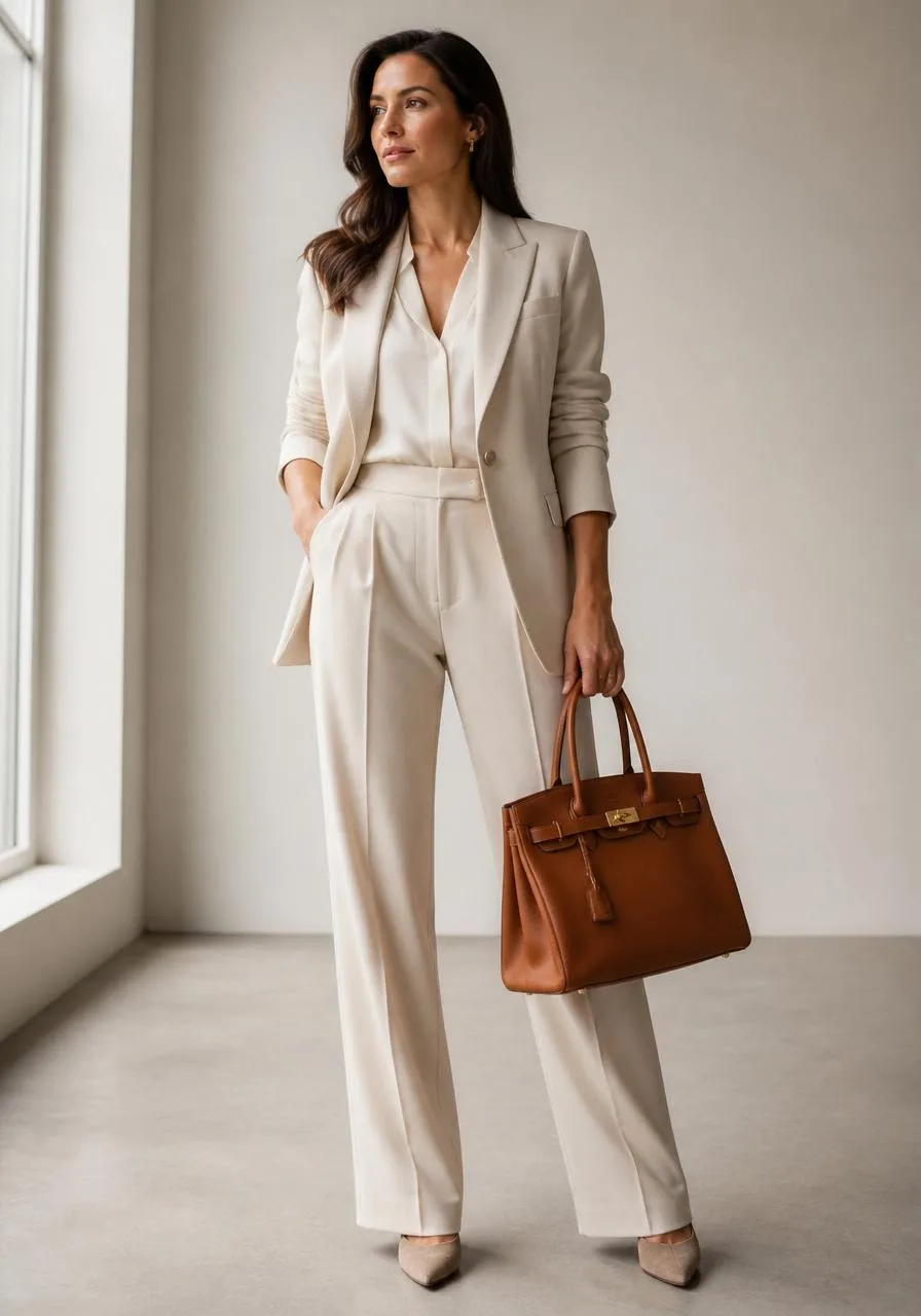 Woman in cream tailoring holding a cognac full grain leather handbag