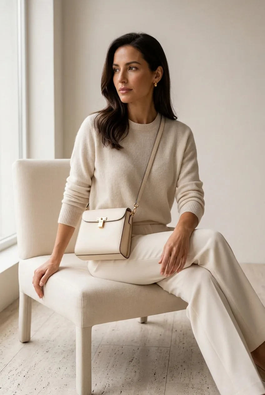 Woman seated with a cream leather crossbody bag