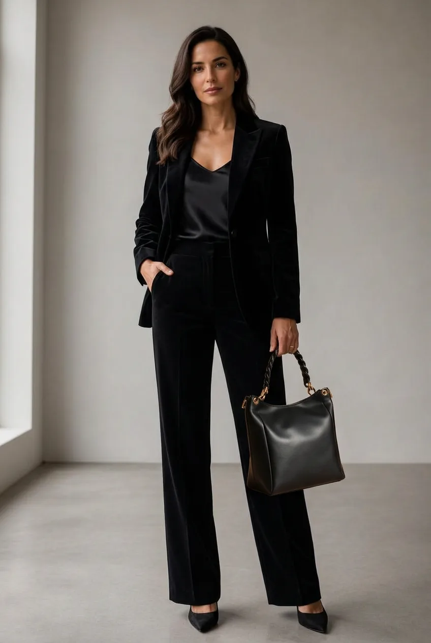 Woman in tailored black holding the Midnight Shoulder bag