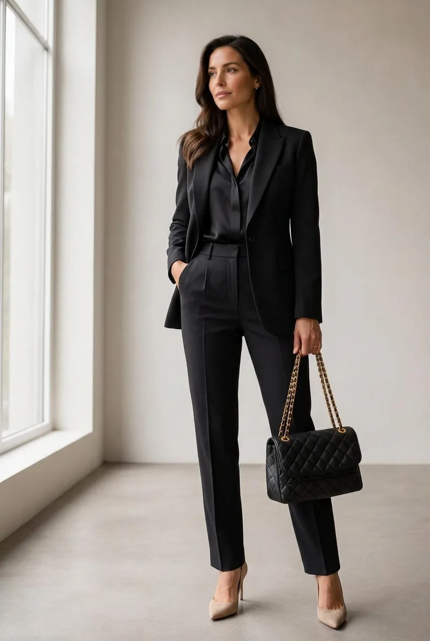 Woman in a tailored black dress holding the black quilted leather flap bag on its gold chain
